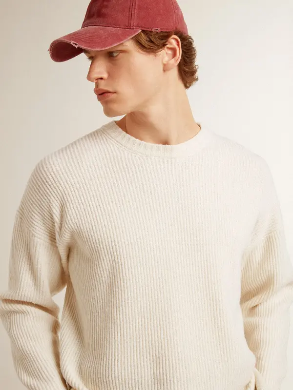 Men’s crew-neck sweater in worn white ribbed wool online