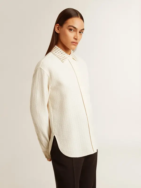 Women’s viscose and cotton blend shirt with crystal-embellished collar online