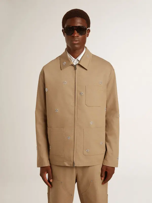 Men’s beige jacket with floral embroidery and full zip online