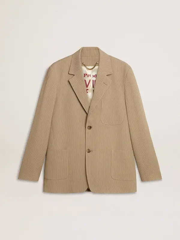 Men’s beige pinstripe single-breasted jacket with an oversized fit online