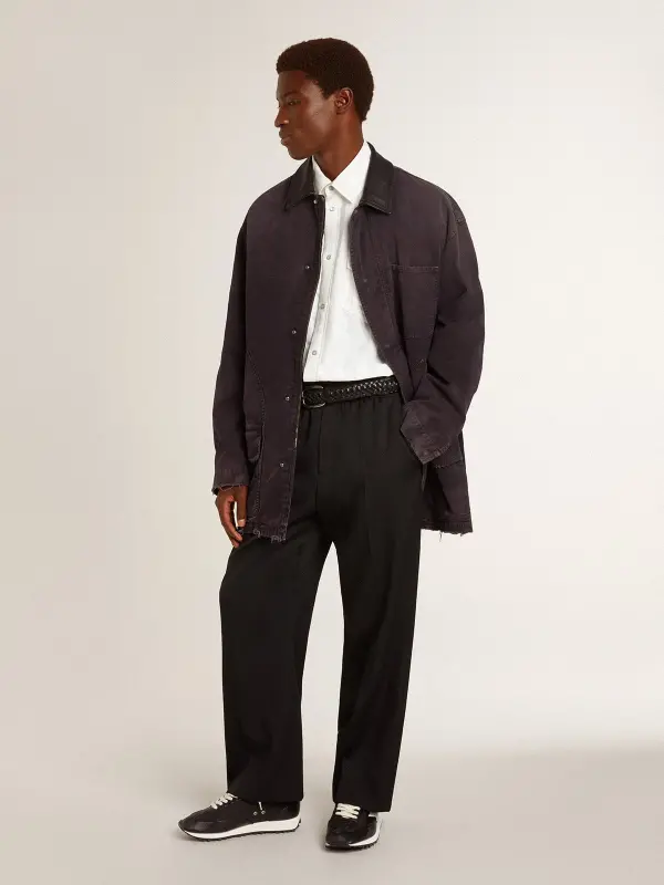 Men’s denim jacket with distressed details and leather collar online