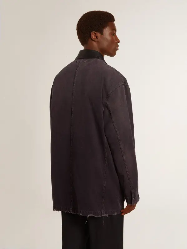 Men’s denim jacket with distressed details and leather collar online