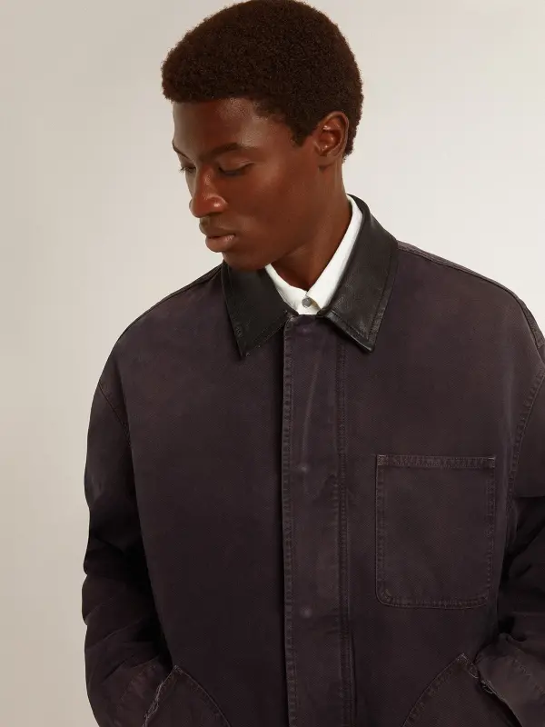 Men’s denim jacket with distressed details and leather collar online