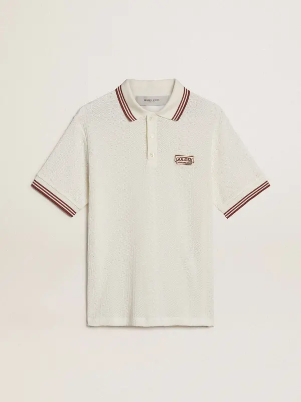 Men’s polo shirt in white perforated knit with burgundy striped details online