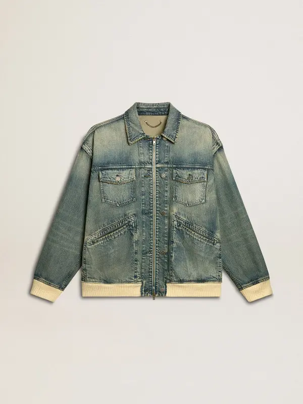 Men’s washed denim jacket with wool blend ribbing online