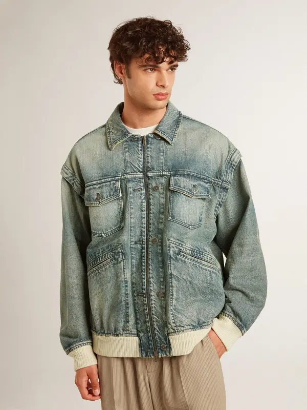 Men’s washed denim jacket with wool blend ribbing online