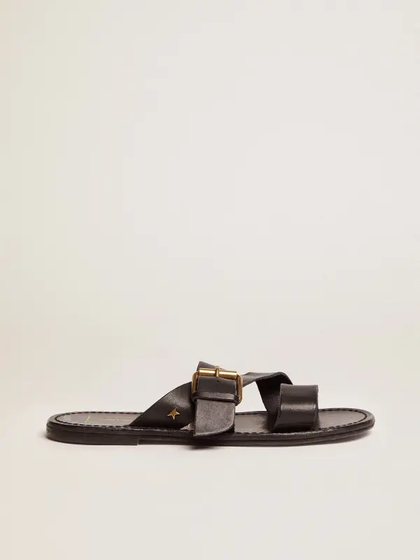 Black leather flat sandals with buckle Margaret – Golden Goose online