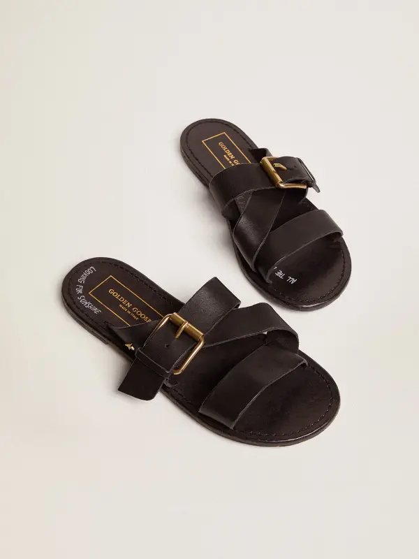 Black leather flat sandals with buckle Margaret – Golden Goose online