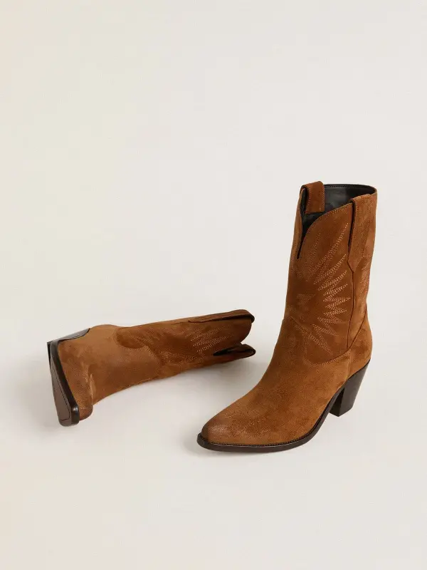 Low Wish Star boots in cognac suede with tone-on-tone embroidered star online