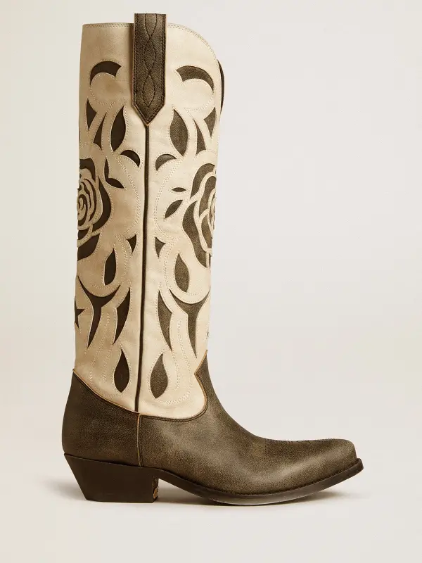 Wish Star boots in black and white leather with inlay rose and star online