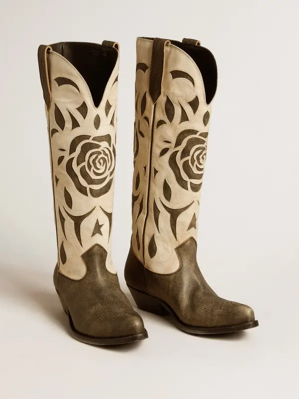 Wish Star boots in black and white leather with inlay rose and star online