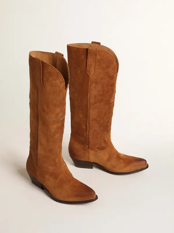 Wish Star boots in cognac suede with tone-on-tone inlay star online