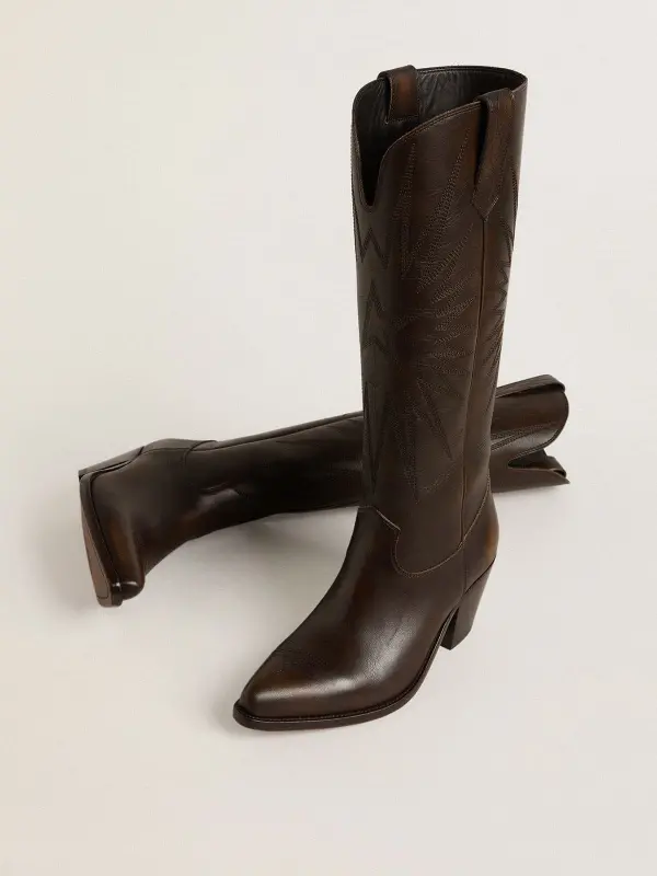 Wish Star boots in dark brown leather with tone-on-tone embroidered star online