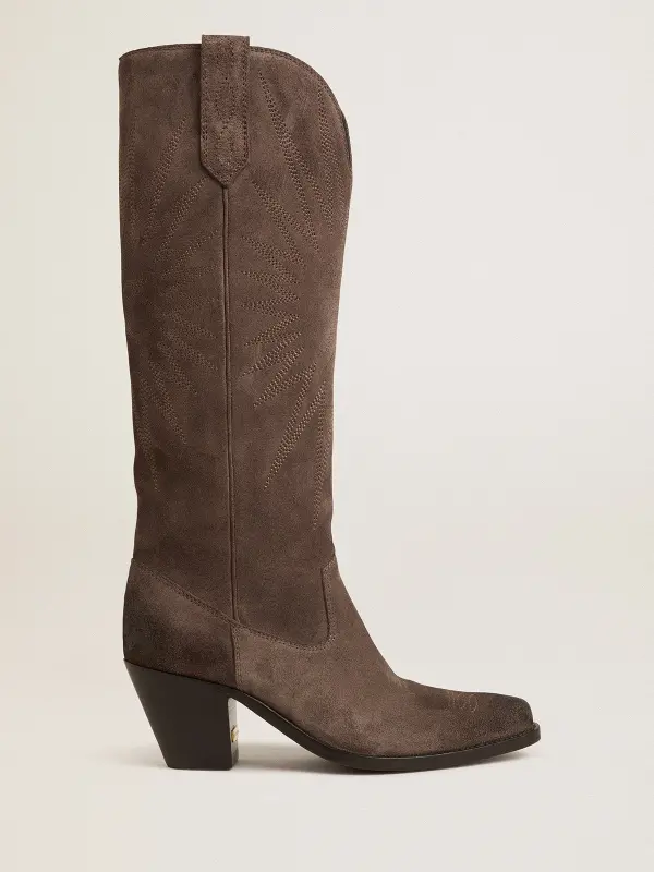 Wish Star boots in dark brown suede with tone-on-tone inlay star online