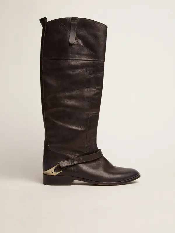 Women’s black leather boots with clamp on the heel online