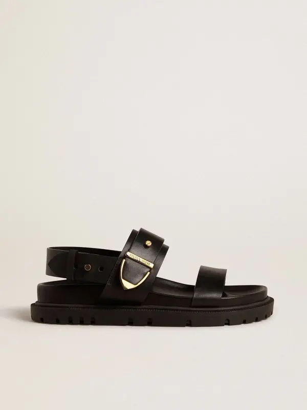 Women’s Lucy sandal in glossy black leather with gold metal buckle online