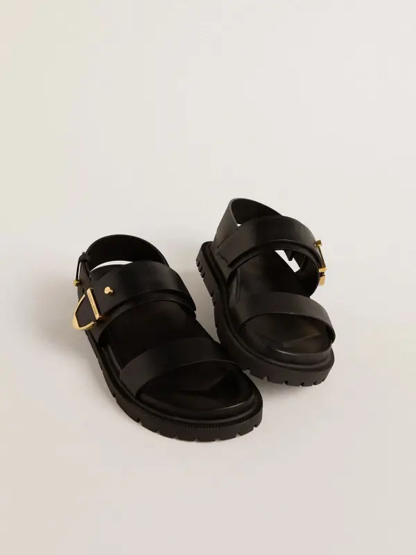 Women’s Lucy sandal in glossy black leather with gold metal buckle online