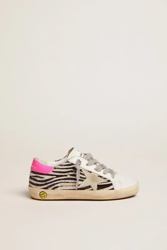 Junior Super-Star in leather and zebra-print pony skin with fuchsia heel tab online