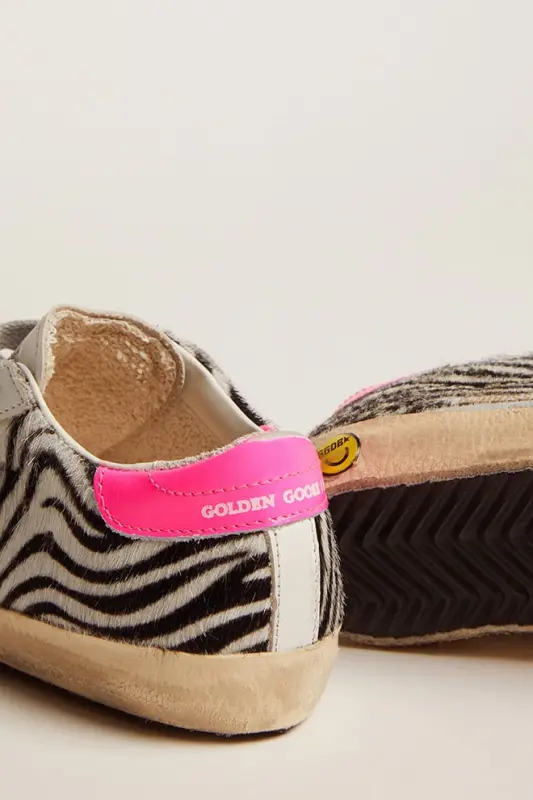 Junior Super-Star in leather and zebra-print pony skin with fuchsia heel tab online