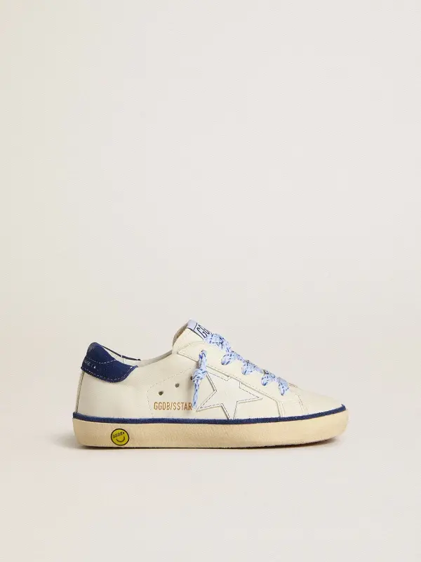 Junior Super-Star in white leather with blue suede heel tab online