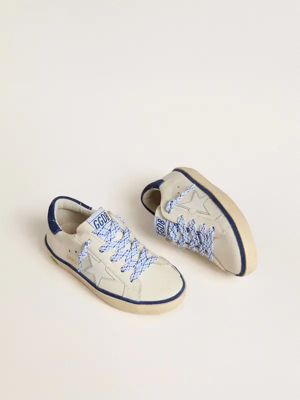 Junior Super-Star in white leather with blue suede heel tab online