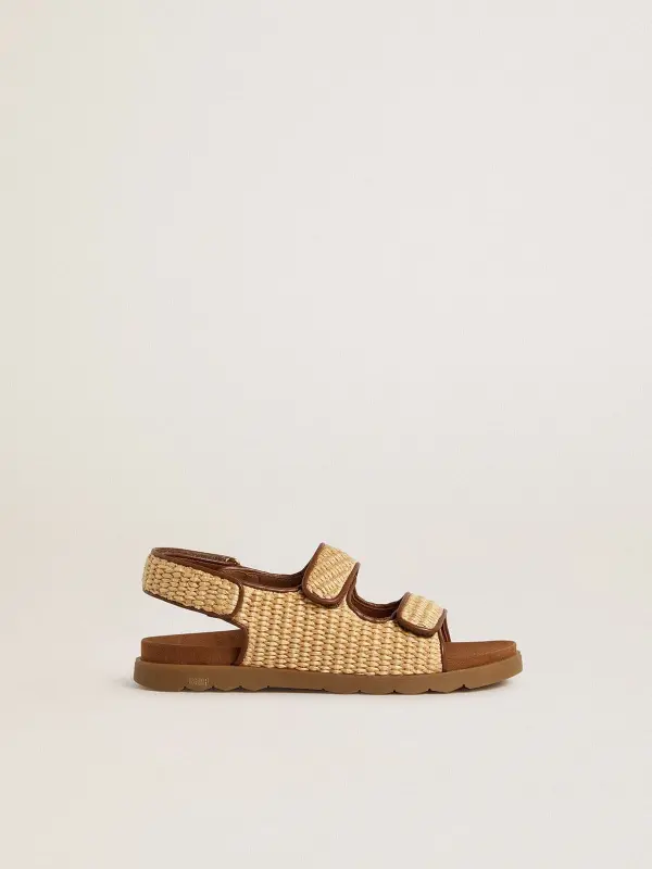 Noa Junior sandals in beige raffia and brown leather online