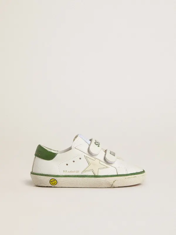Young Old School in white leather with green nappa heel tab and green insert online