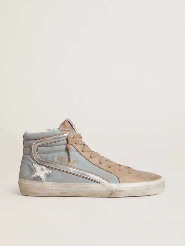 Men’s Slide in light blue canvas with silver metallic leather flash online
