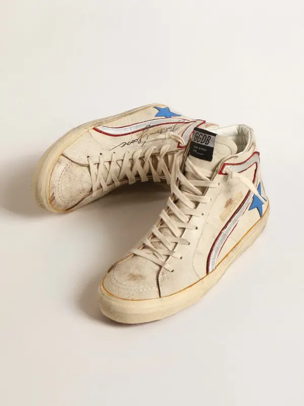 Men’s Slide with light blue leather star and metallic silver leather flash online