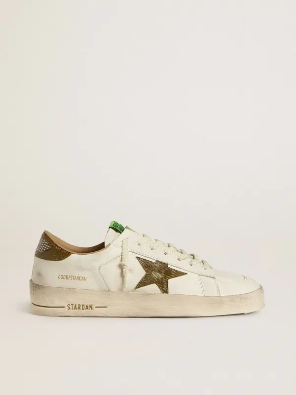 Men’s Stardan in white leather with military-green snake-print leather star and heel tab online