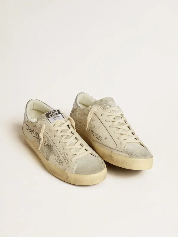Men’s Super-Star LTD in white leather with all-over lettering and ice-gray suede star online