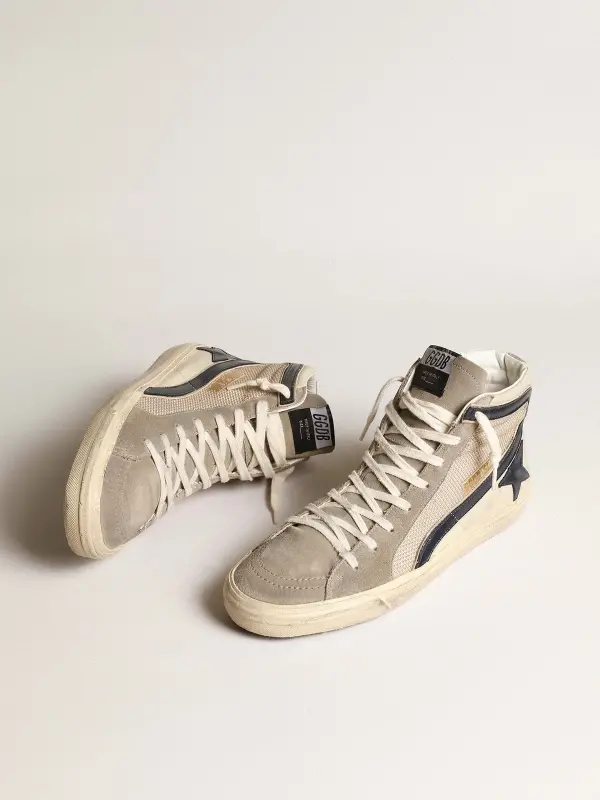 Slide in beige mesh and nylon with blue leather star and flash online