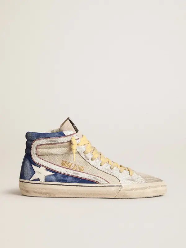 Slide in pearl canvas and blue suede with white leather star and flash online
