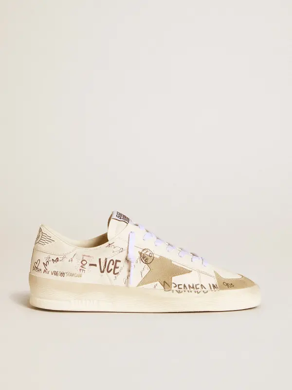 Stardan in leather with all-over lettering and ice-gray suede star online