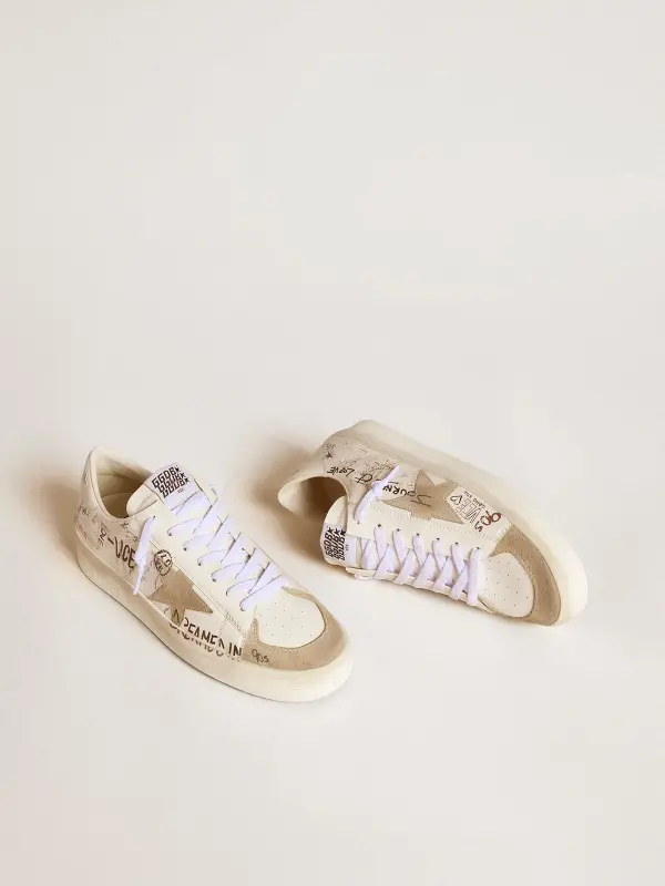 Stardan in leather with all-over lettering and ice-gray suede star online