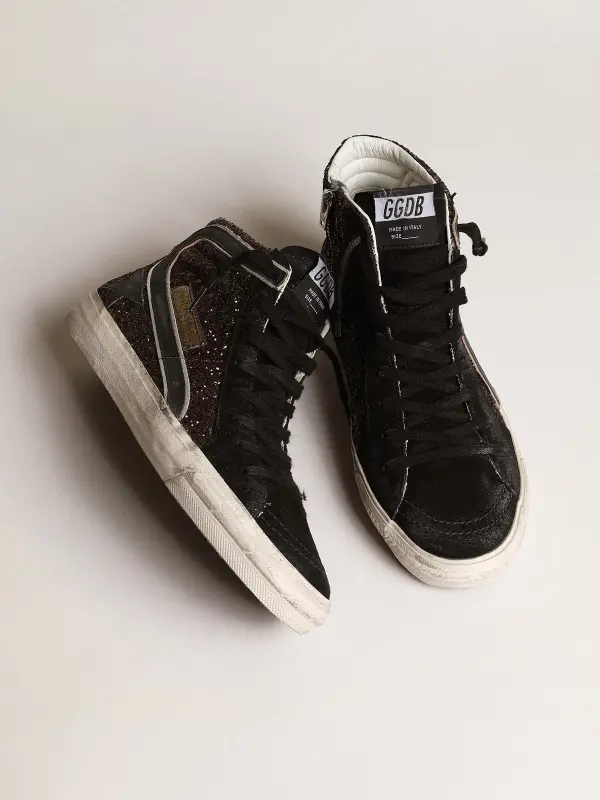 Slide in brown glitter with black leather star and flash online