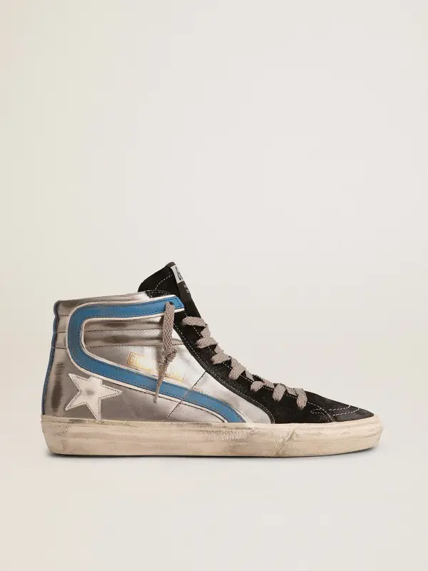 Slide in silver metallic leather with white leather star online