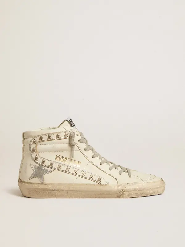 Slide with silver metallic leather star and leather flash with stars online