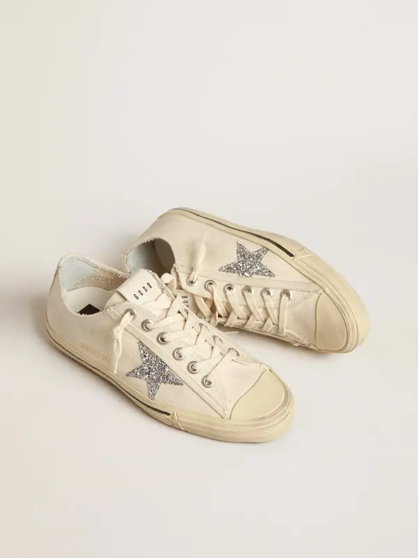 V-Star in beige canvas with a silver glitter star online