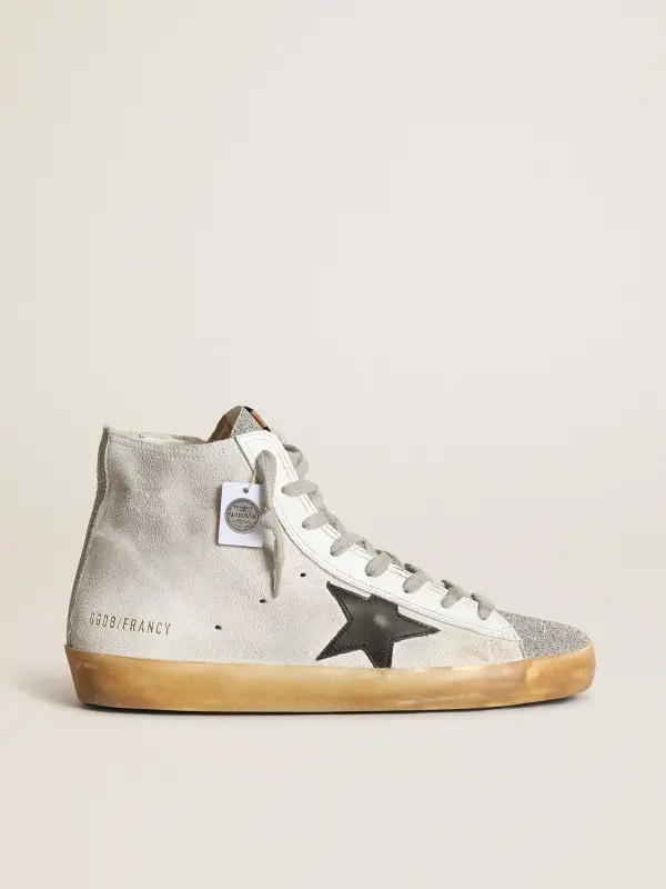 Women’s Francy in white suede with black leather star and silver Swarovski crystal tongue online