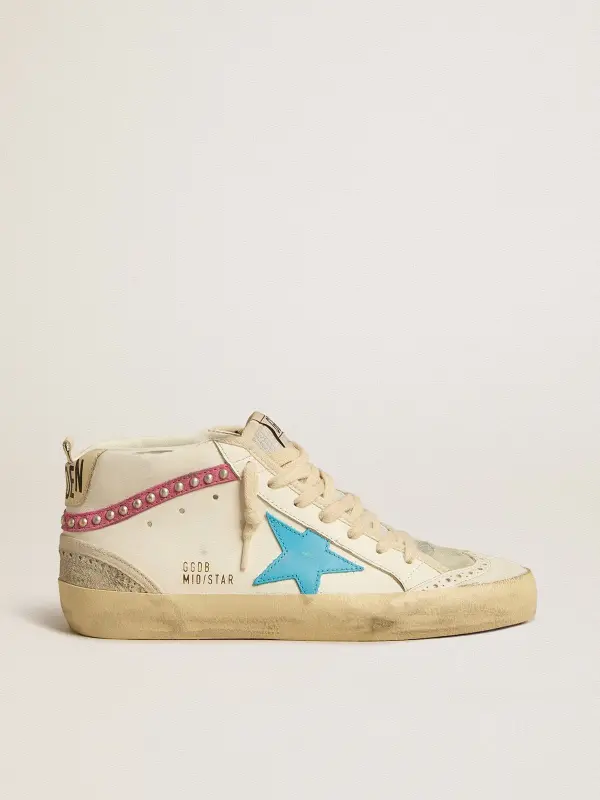 Women’s Mid Star in leather with light blue star and fuchsia suede flash with platinum studs online