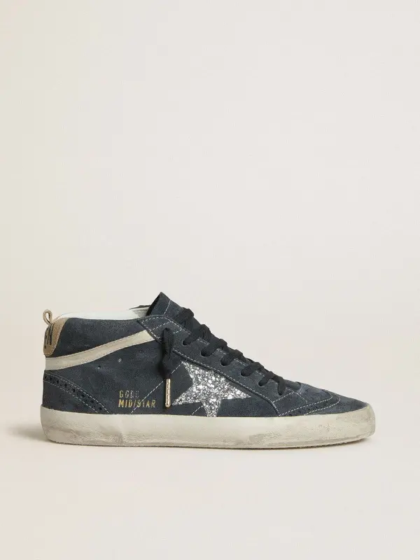 Women’s Mid Star in petrol-blue suede with silver glitter star and cotton flash online