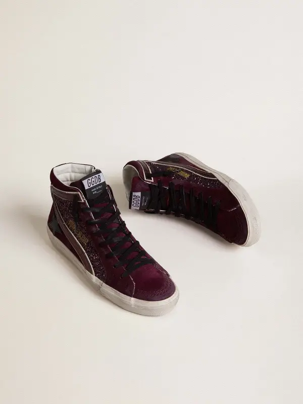 Women’s Slide in black cherry glitter and suede with leather star and metallic leather flash online