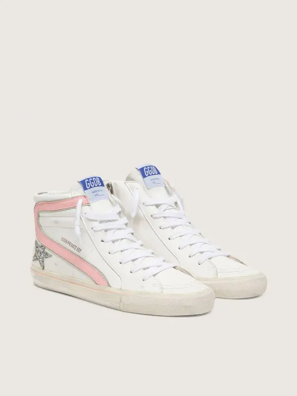 Women’s Slide in white leather with silver glitter star and pink leather flash online