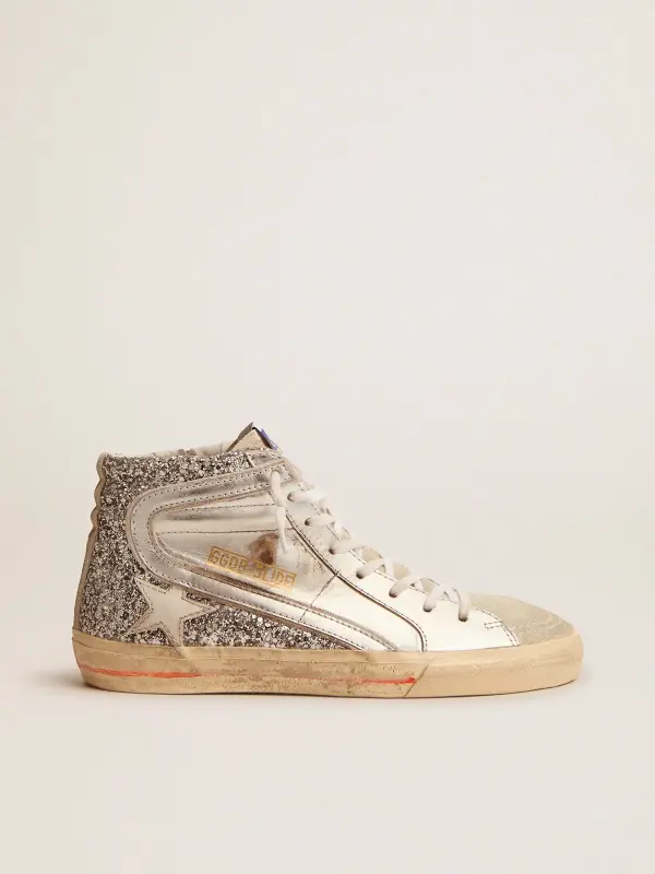Women’s Slide with laminated leather upper and silver glitter online