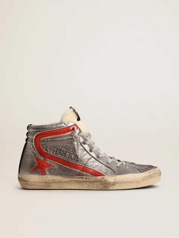 Women’s Slide with silver metallic leather upper and red metallic leather flash online