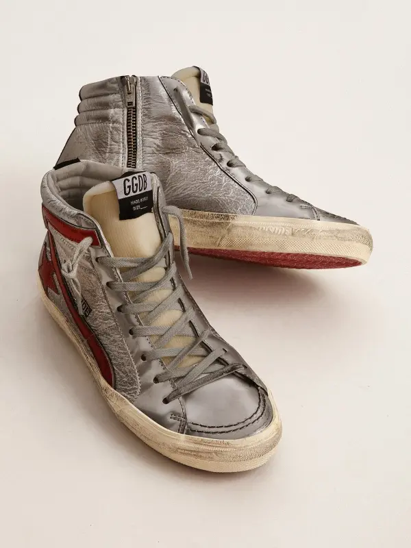 Women’s Slide with silver metallic leather upper and red metallic leather flash online