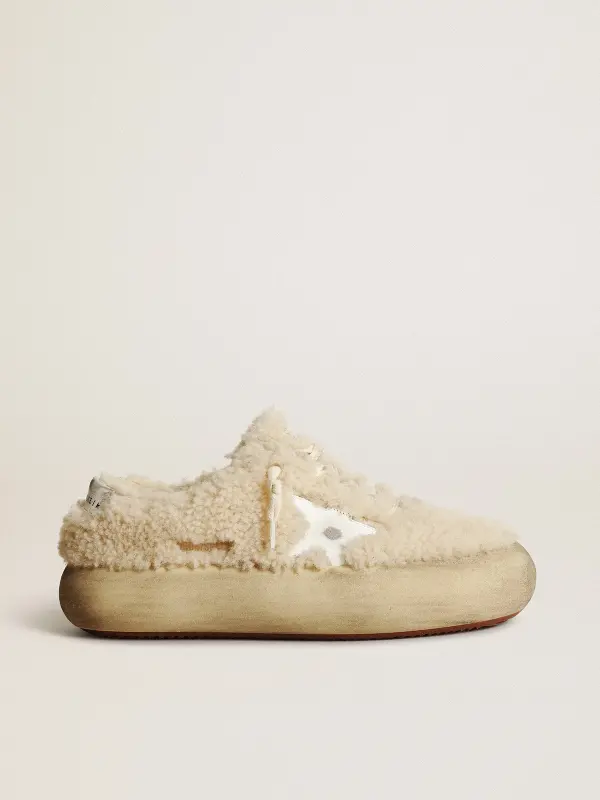 Women’s Space-Star shoes in beige shearling with white leather star and metallic leather heel tab online