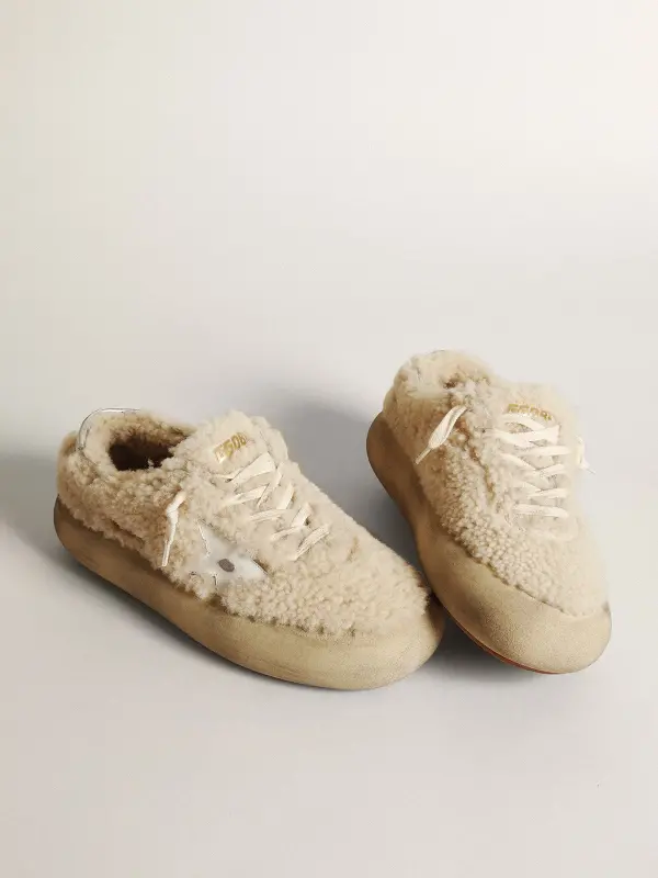 Women’s Space-Star shoes in beige shearling with white leather star and metallic leather heel tab online