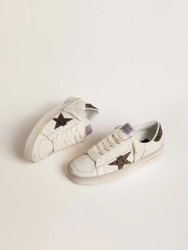 Women’s Stardan in white leather with brown glitter star and heel tab online